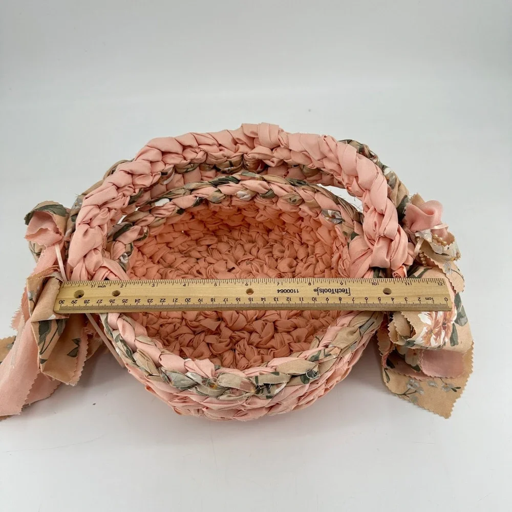 Handmade Peach Floral Woven Fabric Basket with Bows and Pearls Cottagecore Decor